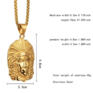 Detailed size chart for gold stainless steel Indian head necklace showing pendant dimensions