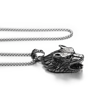 Gothic wolf head pendant necklace in vintage steel finish with a sturdy box chain
