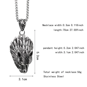 Detail view of hip hop wolf head stainless steel pendant with size specifications