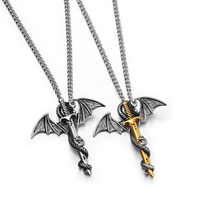 Gothic Dragon Sword Pendant Necklace Stainless Steel Hip Hop Punk Streetwear Jewelry For Men Women Vintage Fantasy Style