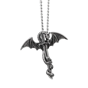 Gothic hip hop dragon and sword pendant necklace in vintage silver steel for men and women