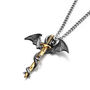 Hiphop dragon wrapped around golden sword pendant necklace in vintage fantasy style
