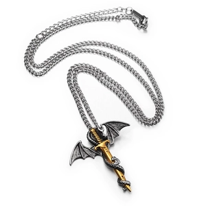 Hiphop style silver dragon and gold sword pendant necklace with stainless steel cuba chain