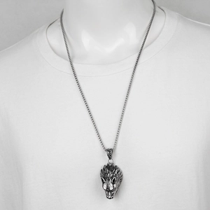 Hiphop style wolf head pendant necklace in stainless steel on male model wearing white shirt