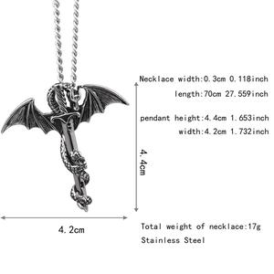 Detailed size chart for hip hop dragon sword pendant necklace with dimensions and weight