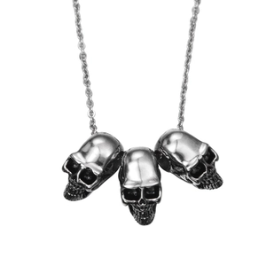 Hip hop vintage silver skull necklace with three gothic pendants on a steel chain
