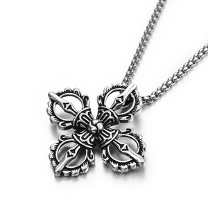 Vintage hip hop style stainless steel vajra cross pendant necklace with silver bead chain