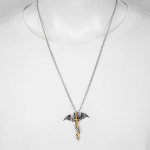 Gothic hip-hop dragon sword pendant necklace in gold and silver finish on cable chain