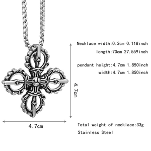 Technical diagram of stainless steel cross necklace with measurements 4.7cm by 4.7cm