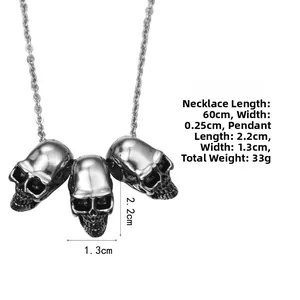 Detail view of 60cm hip hop skull necklace with 0.25cm chain and vintage silver pendants