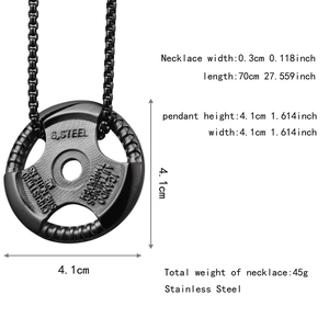 Détails du pendentif haltère noir mat en acier inoxydable avec dimensions et spécifications