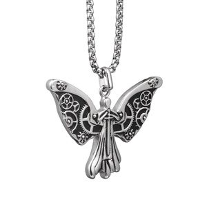 Collier ailes d'ange steampunk avec engrenages mécaniques en acier inoxydable argenté