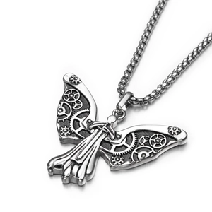 Collier Steampunk Papillon Mécanique en Acier Inoxydable Pendentif Ailes d'Engrenage Industriel Rétro Bijoux Hip Hop pour Hommes Femmes