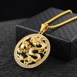 Hip Hop Drachen Anhänger Halskette Für Herren Damen Vergoldet Titanstahl Strass Hohl Rund Drachen Schmuck Ohne Kette Oder 70cm Kette