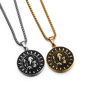 Retro Stainless Steel Religious Saint Benedict Relief Pendant Necklace Hip Hop Street Style Round Coin Jewelry For Men Women Daily Decor