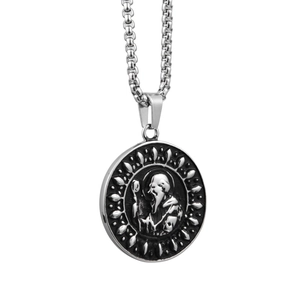 Hiphop silver titanium steel necklace featuring a religious medallion with square pearl chain