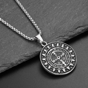 Detail view of Saint Benedict Medal pendant in vintage silver finish with a box chain