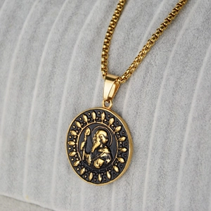 Hip hop style gold religious saint disc pendant necklace with box chain for men and women