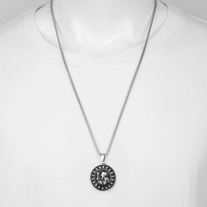Hip-hop style silver religious coin pendant necklace in stainless steel on white bust