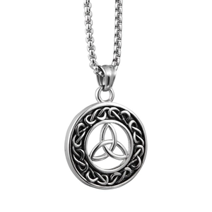 Detailed view of silver Celtic Knot pendant with vintage oxidized woven texture and box chain