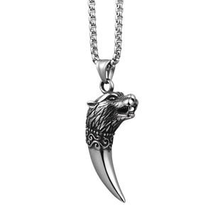 Collier hip-hop vintage avec pendentif dent de loup en acier inoxydable et motifs gravés