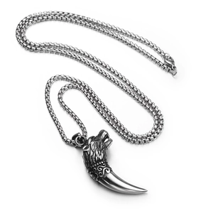 Collier avec pendentif tête de loup argenté vintage et chaîne box en acier inoxydable