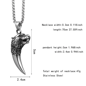 Détails du pendentif dent de loup gothique avec dimensions, poids et longueur de chaîne