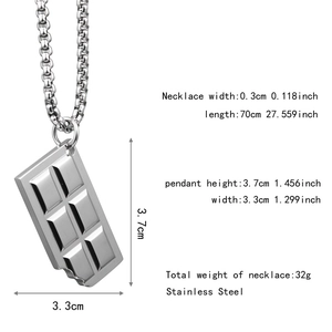 Detailed size chart for silver chocolate bar pendant necklace in stainless steel