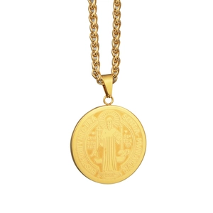 Collier médaille de Saint Benoît en acier inoxydable doré avec chaîne épi pour hommes et femmes
