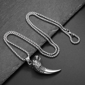 Collier vintage en acier inoxydable avec pendentif tête de loup et dent sur chaîne épaisse