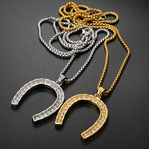 Vue détaillée de pendentifs fer à cheval dorés et argentés avec cristaux et chaîne box