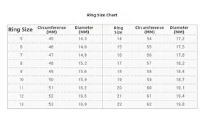 Detailed ring size chart showing circumference and diameter measurements for rings