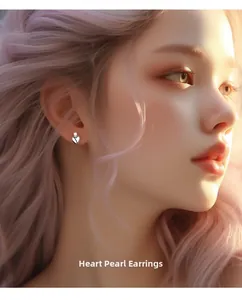 Close-up of heart-shaped silver earrings with pearls worn by a model in soft lighting