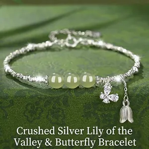 Sterling silver lily of the valley butterfly bracelet with green jade and crushed silver