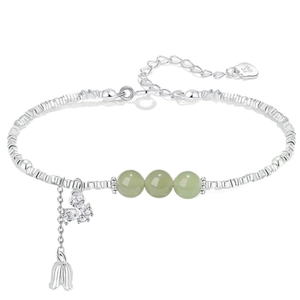 S925 sterling silver tulip lily of the valley bracelet with green nephrite jade beads