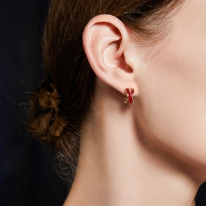 French Vintage Red Enamel Stud Earrings With 925 Sterling Silver Earring Post Gold Plated X Ribbon Jewelry For Women Wedding Party