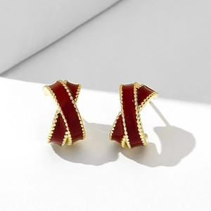 French vintage red enamel stud earrings with gold twist border and geometric design
