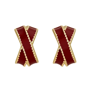 French vintage red enamel C-shaped hoop earrings with gold-plated beaded edge