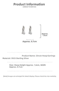 Vue détaillée de créoles en argent S925 avec pendentifs en zircon et dimensions du produit