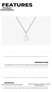 Detail van witte parelhanger aan zilveren ketting in de maten 6 mm, 8 mm en 10 mm