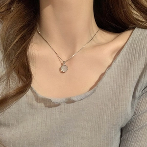 Minimalist Copper Cat's Eye Stone Pendant Necklace For Women Elegant Silver Circular Round Clavicle Chain Daily Dating Jewelry