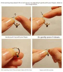 Detail showing manual adjustment steps for the golden snake-shaped earring closure mechanism