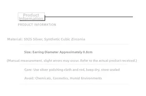 Specifications for S925 silver stud earrings with 0.8cm cubic zirconia stones