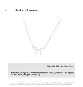 Detail of S925 silver bow necklace showing 40+5cm length and 14.8x9.2mm pendant size
