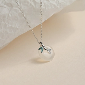 925 silver necklace with white jade peace buckle and green bamboo leaf pendant design