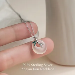 925 silver Pingan buckle necklace featuring a bamboo-shaped clasp with green enamel details