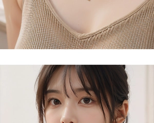 Close-up of lightweight V-neck tassel necklace on mesh knit vest showing fine details