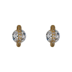 Elegant gold planet stud earrings featuring clear round crystals and sparkling accents
