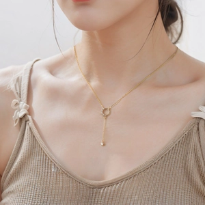 Elegant Copper Rhinestone Tassel Necklace For Women Y-Shaped Circle Pendant Clavicle Chain Light Luxury Personalized Jewelry