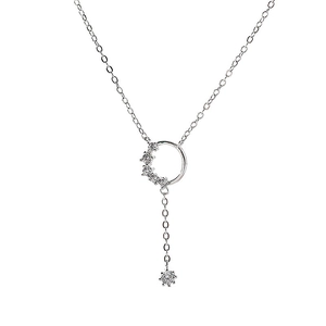 Elegant silver Y-shaped tassel necklace with sparkling zircon ring pendant for women